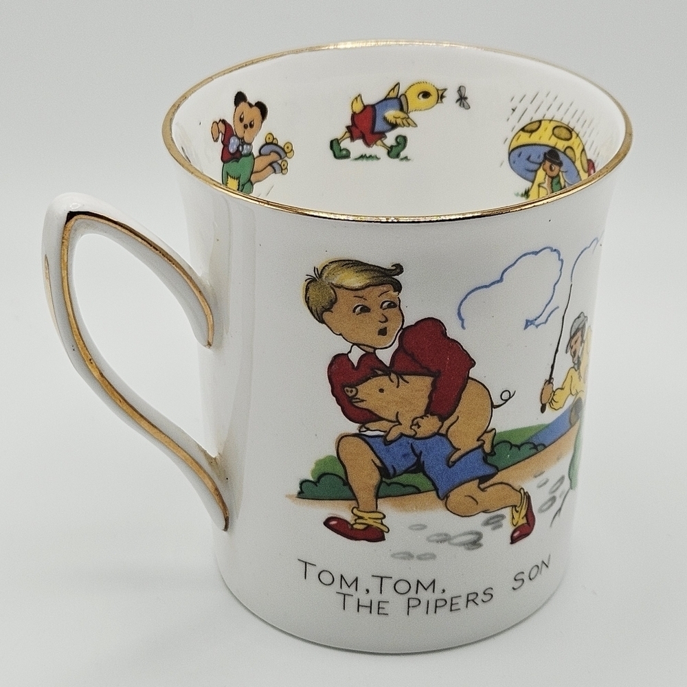 VINTAGE Rosina Nursery Rhyme Mary Mary Tom Tom Mug Gold Trim England Bone China